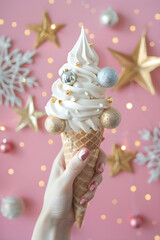 Festive ice cream in glitter in womans hand on pink background. Vanilla ice cream with Christmas balls in waffle cone. Concept for Christmas, New Year, winter holiday dessert. Poster for new year cafe