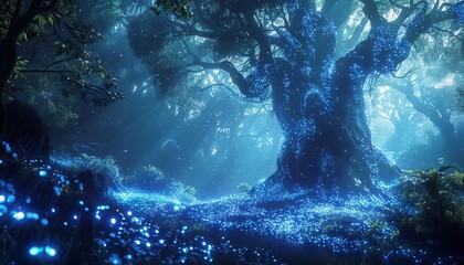 Obraz premium Enchanting magical forest scene with glowing blue flora and ancient trees bathed in ethereal light. Perfect for fantasy artwork or background.