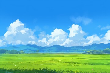 Obraz premium anime style landscape with meadow and blue sky, Panoramic natural landscape with green grass field, blue sky with clouds and mountains in background
