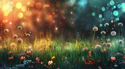  Grass field with dandelions in the foreground and a book of light in the background