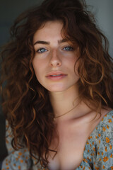 Naklejka premium A woman with brown hair and blue eyes is wearing a yellow floral dress