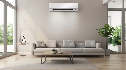 Fototapeta premium A sleek living room features a wall-mounted air conditioner, a cozy sofa, a coffee table, and plants while bright natural light fills the space. Generative AI