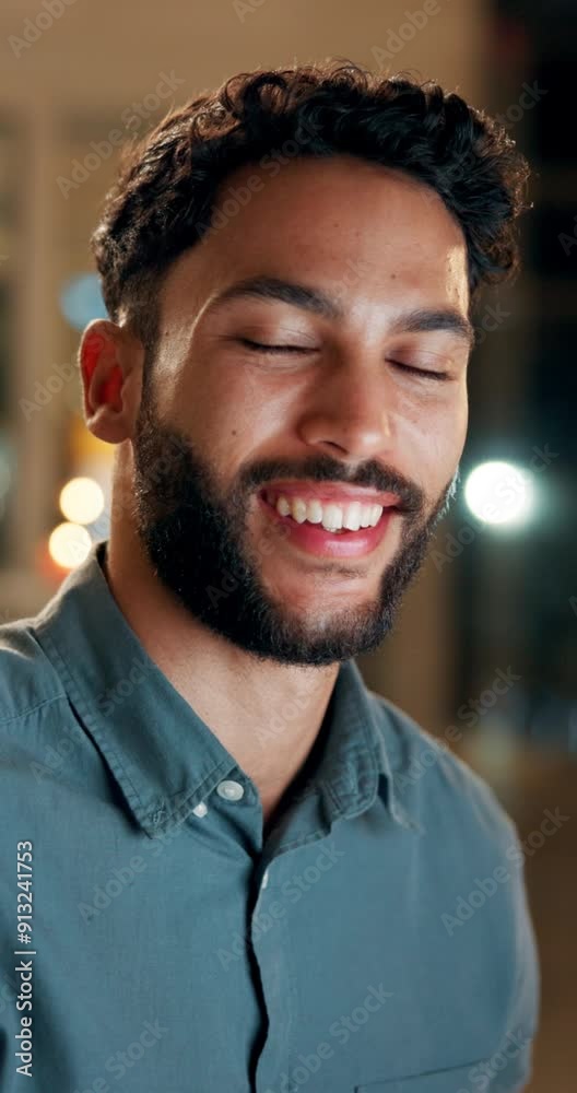 Poster Business, man and face with smile in office for research deadline and working overtime with report planning. Copywriting, happy employee and portrait with online proposal and story article at night