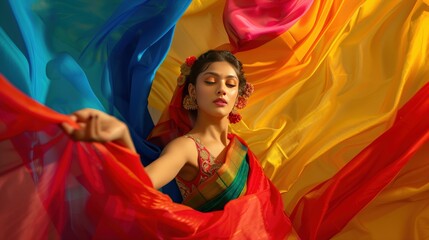 Woman in a colorful sari, holding flowing fabric.