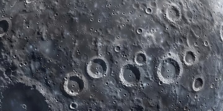 A close up of a moon's surface with many craters. The craters are of various sizes and are scattered all over the surface. Concept of the moon's rugged and rocky terrain