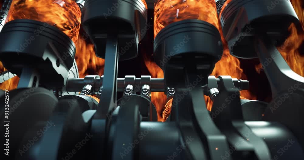 Poster v8 engine parts in motion. pistons, chains and crankshaft moving. industry related high quality 3d 4