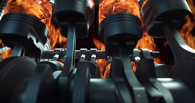 V8 Engine Parts In Motion. Pistons, Chains And Crankshaft Moving. Industry Related High Quality 3D 4K Animation.