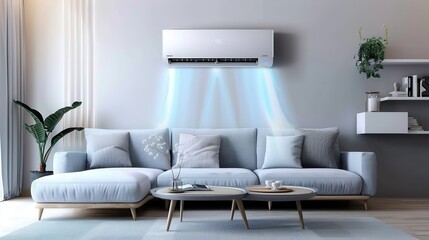 A chic living room features light-colored furniture, an air conditioner on the wall, and decorative plants enhancing comfort and style. Generative AI