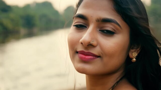 A woman with long black hair is standing by a body of water