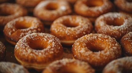 Close-up of freshly baked donuts with sugar sprinkles