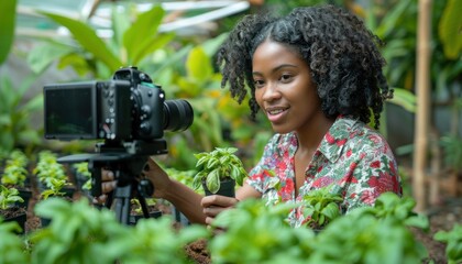 Young female gardener holding basil plant recording video content for her gardening vlog using professional camera