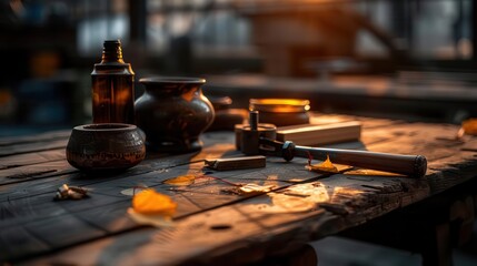 Obraz premium DIY items neatly arranged on a workbench, capturing the spirit of creativity, Realism, Soft hues, Photography