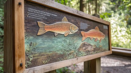 An informational sign highlights local fish species, featuring illustrations and details in a tranquil forest setting.