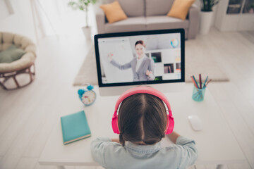 Portrait of little lovely girl headphones study computer screen teacher desktop wear shirt modern flat indoors