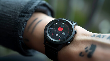 a close-up of a person’s hand wearing a black smartwatch. The smartwatch screen displays a heart rate monitor with a reading of 62 bpm (beats per minute) and a graphical representation of a heartbeat