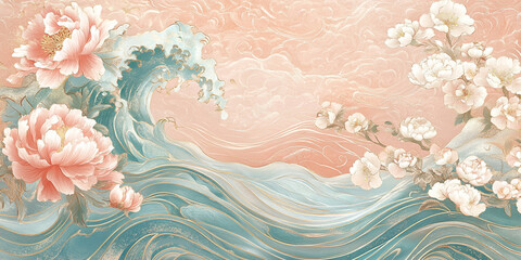 Peach and blue color waves with white peonies, in the style of Chinese art