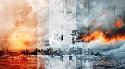 Futuristic Weather Collage with High-Tech Overlays of Rain, Sun, and Snow