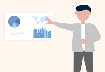 An employee presenting on white board with stats and graphs in a business, editable vector. Profit and loss presentation concept design