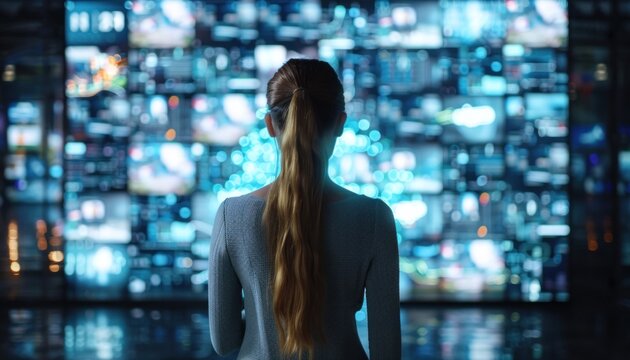 Businesswoman watching big data analysis on multiple digital screens showing financial information