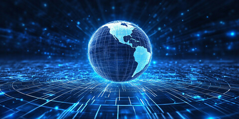 A technology background with a blue, glowing Earth globe and a digital network, representing the concept of data transfer