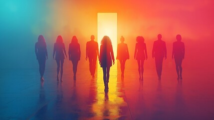 A group of silhouetted businesspeople walking towards a brightly lit doorway, symbolizing opportunity and transition, and ambition for future success through pursuing goals