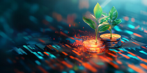 Representation of a growing plant with coins and digital data, representing business growth in the financial industry