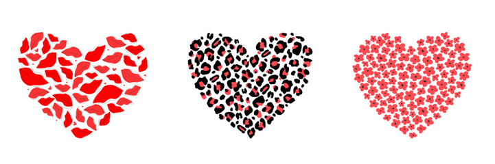 Set of silhouettes of hearts with leopard print ornament, flowers.  Symbol of love in abstract form. Vector graphics. © Ирина Горбунова