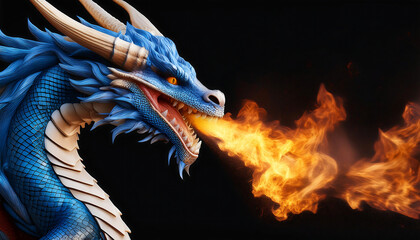  Head of a Blue Dragon Spitting Fire – The head of a blue dragon spitting fire, isolated on _1(205)