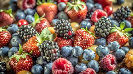 variety of fruits and berries on a wooden table. The table fills most of the frame, and the fruits are scattered across it in a colorful display.  generative ai