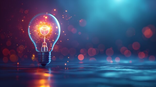 A light bulb with intricate gears inside illustrates innovation, creative thinking, and new technological ideas, representing the fusion of creativity and engineering