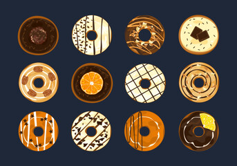 Fototapeta premium Set of food vector icon illustrations Bakery for baking, bread, cooking, illustration of donuts, desserts, fresh and delicious. For packaging, labels, or signs. Food art for signs, flyers, or menus. 