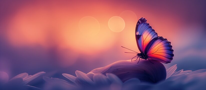 A vibrant butterfly perched on a shell against a blurred background, capturing the essence of transformation and fragility in a tranquil environment