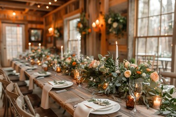 Elegant Table Setting With Floral Arrangements in Rustic Venue at Dusk for a Special Celebration