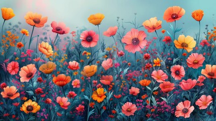 Obraz premium A vibrant field of wildflowers in full bloom, showcasing nature's beauty and diversity, with an array of colorful flowers in a garden set against a tranquil background