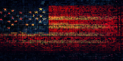 A digital art representation of the American flag made up entirely from binary code