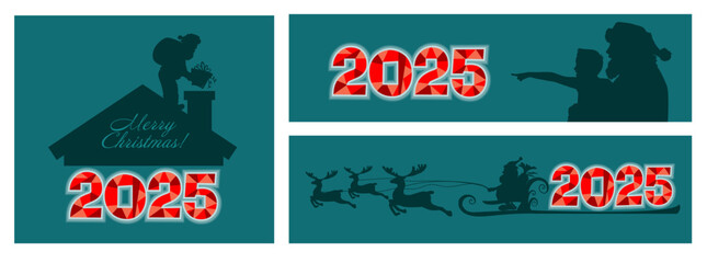 Set of postcards with Santa Claus silhouette. Silhouette of Santa flying in his sleigh. Christmas element hand drawing. Not AI, Vector illustrations.