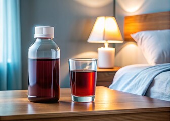 A bottle of cough syrup and a glass of water on a nightstand.