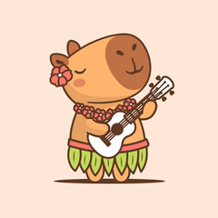 Funny cute capybara wearing Hawaiian hula costume playing ukulele guitar vector cartoon illustration
