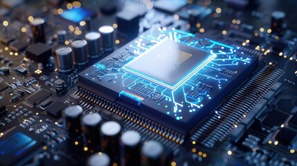 Fototapeta premium Close-up of a modern computer chip with glowing circuitry, representing technology and innovation in electronic devices.