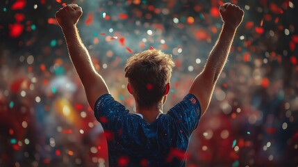 A triumphant athlete raises arms in celebration amidst falling confetti, embodying success and achievement in a moment of victorious triumph at an event
