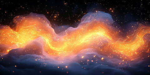 Obraz premium A digital abstract concept with swirling lines and a circuit pattern, symbolizing technology on a dark blue background.