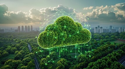 Green Cloud Computing Concept with City Skyline in Background.