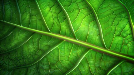 Close-up of a vibrant green leaf showcasing intricate details and texture of nature's design and beauty.