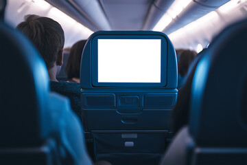 Passenger point of view of entertainment monitor screen on back of airplane seat, white blank mock up