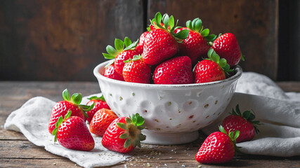 strawberries in a bowl on a wooden table