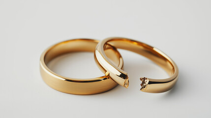 Two gold wedding rings, stacked on top of each other, one ring intact while the other is broken 
