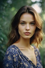 Naklejka premium A woman with brown hair and green eyes is standing in a forest