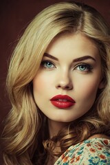 Fototapeta premium A woman with long blonde hair and red lipstick is smiling