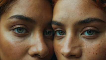 two women close up shot with eyes staring directly at the camera