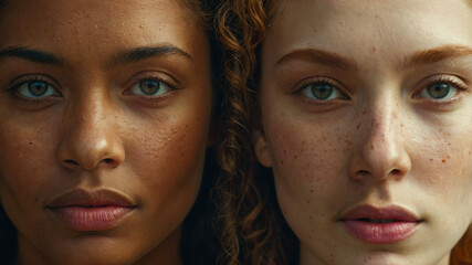 two beautiful women posed close together in close-up